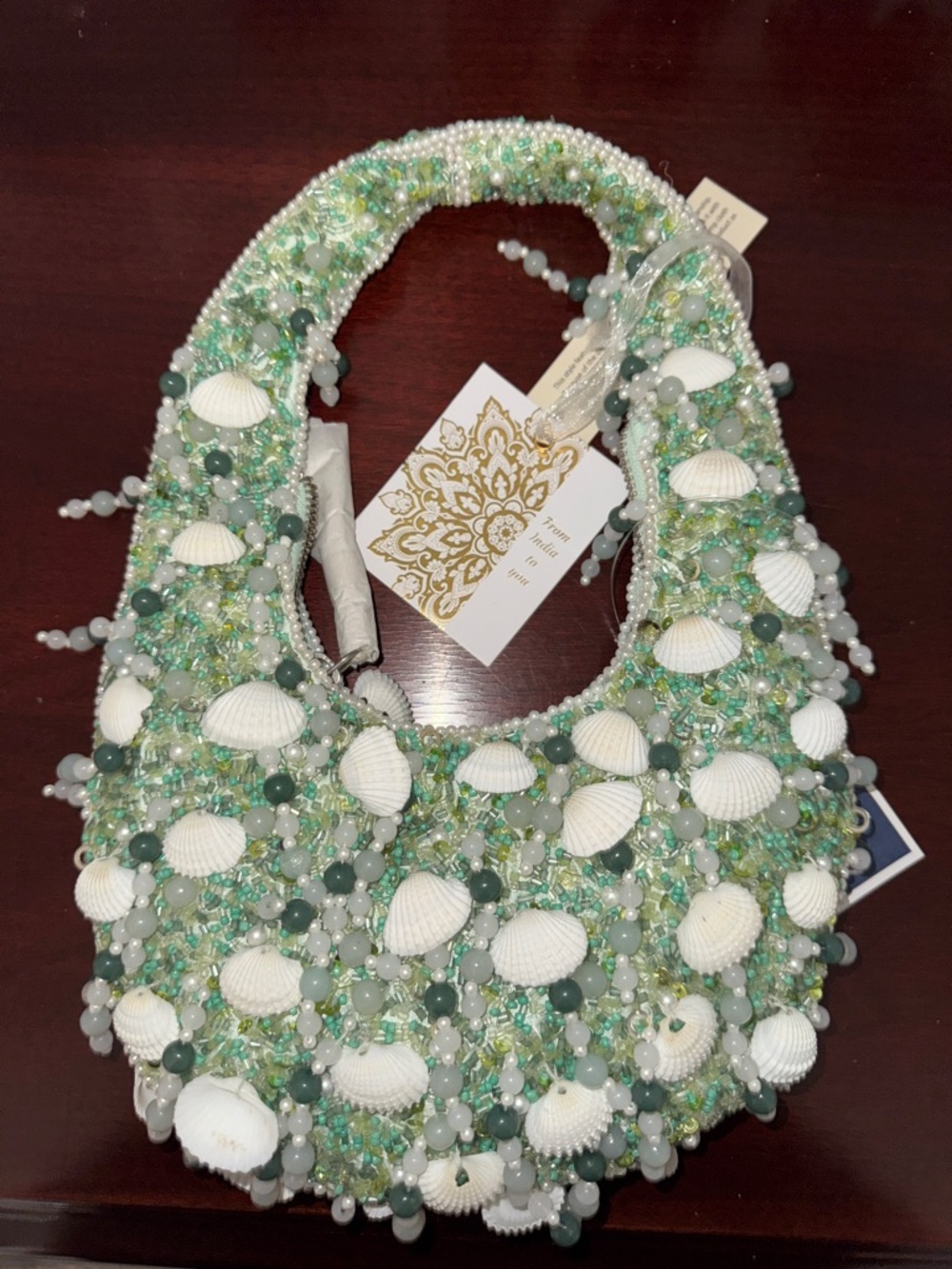 Beaded Shell-Embellished Green Clutch Wristlet